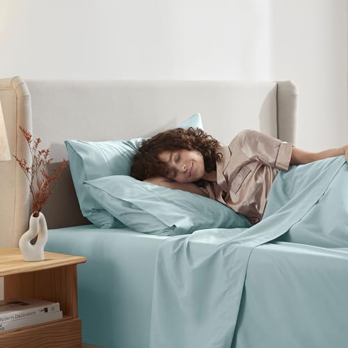 Image of Nestl Split King Bed Sheet Set - Light Blue - 5-Piece Deep Pocket | Instantly Soft, Night-One Ready (No Wash Required). Fits 16-Inch Deep Pockets, 360-Degree Elastic Grip