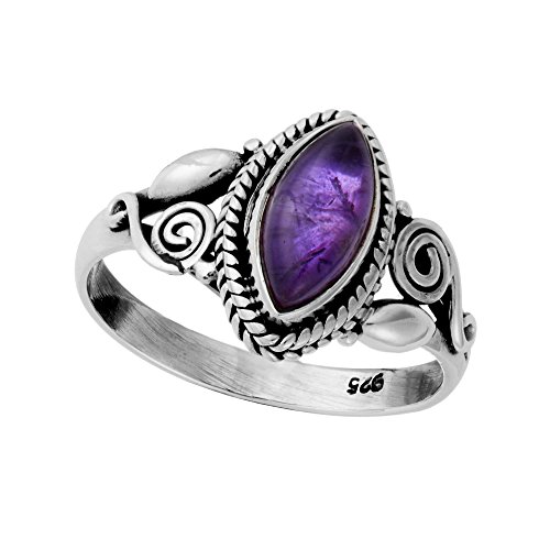 81stgeneration Anillo Amatista Marquesa Filigrana Plata de Ley Vintage | Solitario Piedra Morada India Plata 925 | Joya Bohemia Piedra Preciosa | Regalo Piedra Nacimiento Gótica