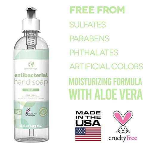Greenerways Antibacterial Hand Soap | Made in USA | Mint Liquid Hand Soap with Pump and Soothing Aloe Vera | Sulfate-Free, Paraben-Free, Cruelty-Free, Vegan Hand Wash (16 Fl Oz (2 Pack) - Mint)