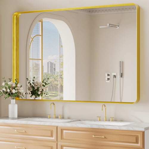 Image of Koonmi Gold Bathroom Mirror, 36x55 Shatterproof Wall Vanity Mirror