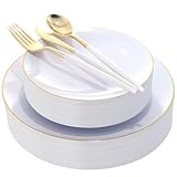 DaYammi 30 Guests Gold Plastic Plates with Disposable Silverware,Gold Cutlery with White Handle,White Disposable Dinnerware:60 Dinner/Dessert Plates,90 Plastic Silverware Set,Gold Plate for Party