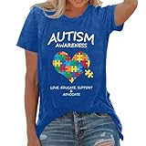 Camiseta para mujer con texto 'Autism Awareness' y diseño de corazón de puzle - Camiseta azul con impresión de conciencia | Camiseta gráfica significativa para acciones de conciencia, Style_h01 Blue
