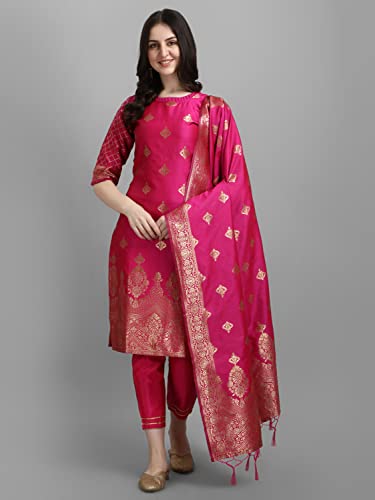 VredeVogel Women's Cotton Silk Jacquard Kurta Pant with Banarasi Silk Dupatta