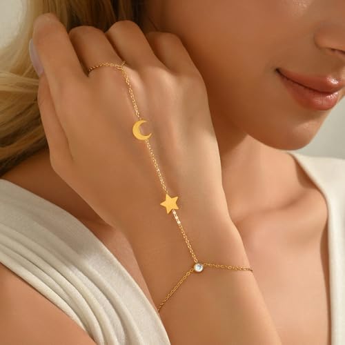 Hand Chain Bracelet for Women 18K Gold Plated Pearl Beaded Moon Star Cubic Zirconia Ring Bracelet Hand Chain Trendy Body Jewlery Gifts2