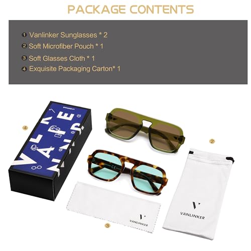 Image of VANLINKER Retro Square Aviator Sunglasses for Women Men 70s Vintage Style Trendy Flat Top Rectangle Sun Glasses VL9826