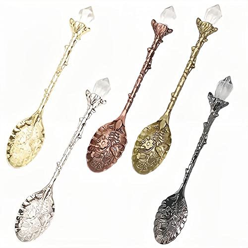 5-Piece Set - Retro Carved Crystal Head Pattern Zinc Alloy Leaf Spoon Creative Mug Dessert Coffee Ice Cream Fruit Tea Spoon (5 in 1)