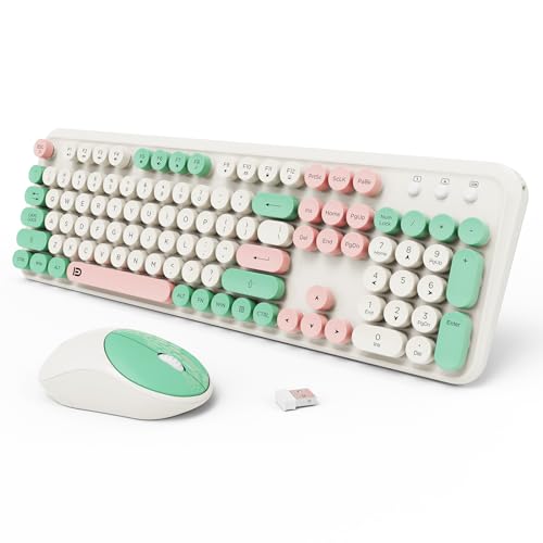 Image of Wireless Keyboards Mouse Combos, Colorful Cute Typewriter Full-Size Retro Round Creamy Keyboard, 2.4GHz Sleep Mode Office Wireless Keyboard and Mouse Set for Desktop Laptop PC Computer