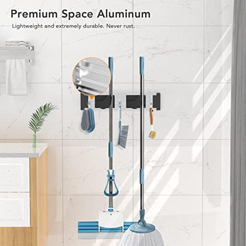 HCYW Broom Holder, Aerospace-grade Aluminum Brush Holder, Heavy Duty Mop and Broom Holder Wall Mounted with 2 Slots and 3 Hooks for Garden, Garage, Kitchen, Office, and Laundry Room (Black)