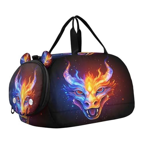 Gym Travel Duffle Bag for Boys Girls Fire Water Dragon Sports Dance Bag with Shoe Compartment & Wet Pocket Football Kids Travel Bag Teens Sleepover Carry