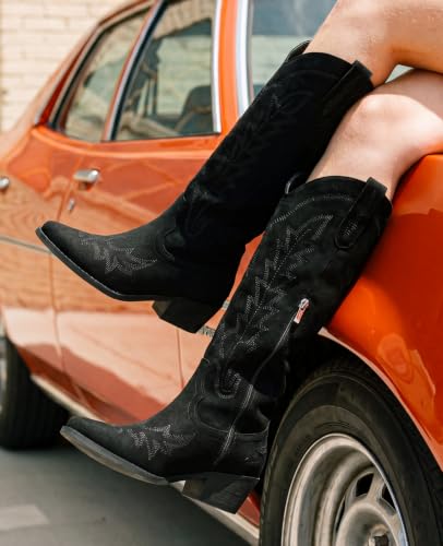 Image of Rivalran Cowboy Boots for Women - Knee High Pointed Toe Chunky Heel Pull On Zipper Western Cowgirl Boots, Retro Country Vintage Fashion Tall Boots