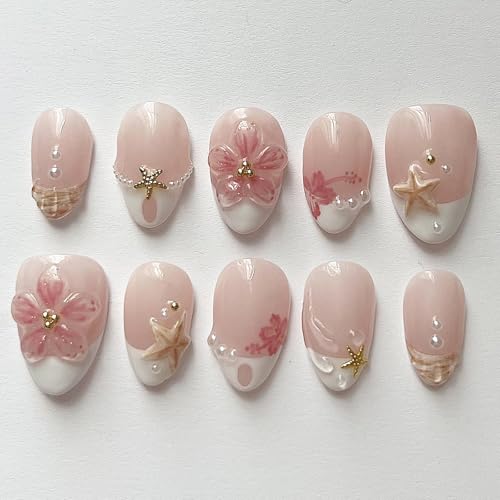 30Pcs Summer Beach Short Almond Press On Nails Pink Floral Starfish French Tips Fake Nails with 3D Flower & Pearl Decor Cute Handmade Acrylic Nails Glossy Reusable False Nails for Women Vacation Nail