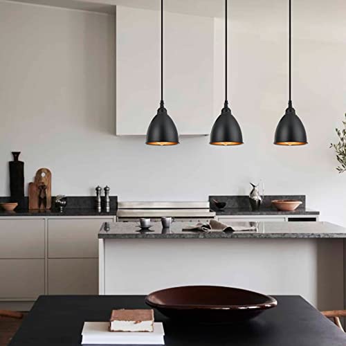 Terleenart 3-Lights Kitchen Island Pendant Light,Industrial Farmhouse Hanging Chandelier with Matt Black Metal Bell Shade Build-in Golden Color, for Dining Room Table Staircase Hallway by TERLEENART - Image 2