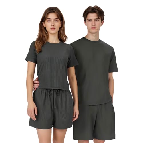LANBAOSI Couples Matching Pajamas Sets Ribbed 2 Pieces Lounge Set Soft Short Sleeve Tops and Shorts Loungewear