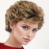 GNIMEGIL peinados cortos para mujeres mayores de 50 años Peluca corta rizada de color castaño con flequillo Cortes de pelo para el día a día. Regalos para abuelas y madres.