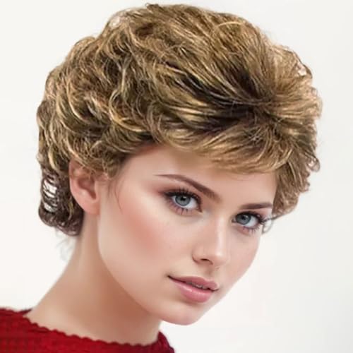 GNIMEGIL Short Hair Styles for Women Over 50 Curly Short Brown Wig with Bangs Haircuts Daily Wear