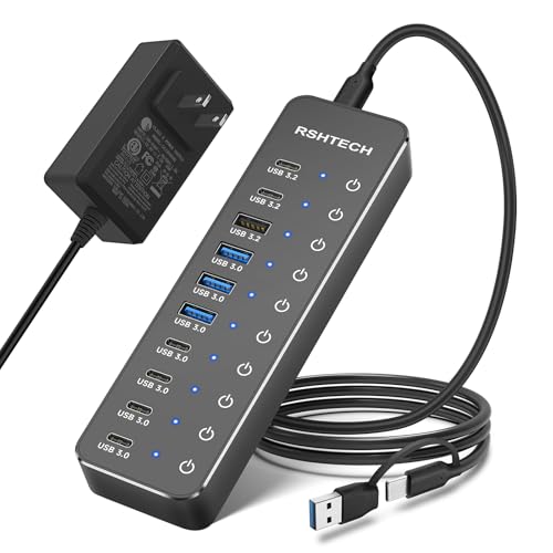 USBハブ 電源付き 10ポート拡張 USB-C×6・USB-A×4 高速データ転送 セルフパワー/バスパワー USB Hub 12V/5A 60W ACアダプタ 独立個別スイッチ アルミニウム合金製 Type-C変換アダプタ付き(ST10C-6)