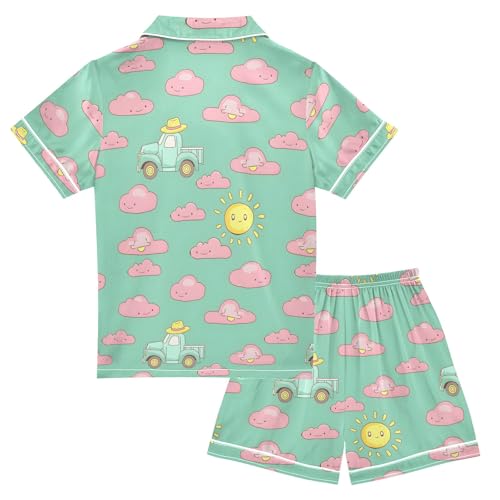 Cloud Car Style Summer Satin Pajama Set, Cute Button-Down Sleepwear Pj Set for Sleep Wears2