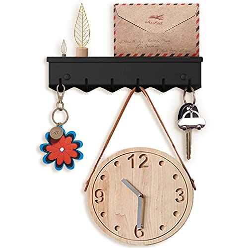 Freshtour Post- und Schlüsselhalter, Wandmontage, mit 6 abgeschrägten Haken, einseitig, Erhöhung für Eingang, Flur, Küche, Büro, Badezimmer, Zuhause, dekorativ, 24,6 x 4,3 x 6,1 cm, Schwarz Cover