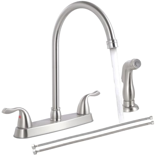 SHACO Kitchen Faucets, 13 Inch High Arc Kitchen Sink Faucet with Side Sprayer, 2 Handle 8 Inch Centerset Sink Faucet with Supply Line, 360° Rotating Spout 3 or 4 Hole Mount, Brushed Nickel, SC-KF201