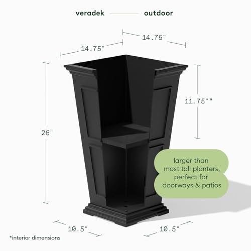 Image of Veradek Brixton Series Tall Plastic Planter (Black, 26 inch H x 14.75 inch W x 14.75 inch L - 2 Pack with Shelf)