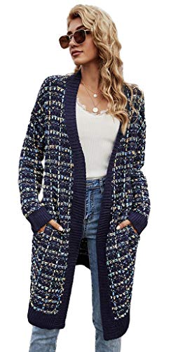 HZSONNE Womens Colorful Pocket Open Front Crochet Cable Knit Chunky Cardigan Fuzzy Sweater Pullover Coat Clubwear (Blue,Large)