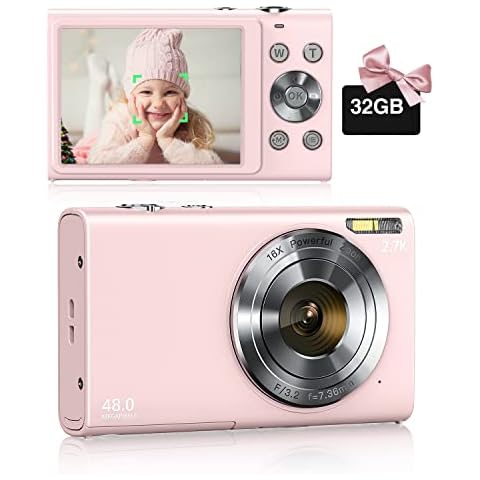 Camera for Kids, 2.7K 48MP Digital Camera for Teen Boy and Girl with 32GB SD Card 16X Zoom, Compact Portable Mini Toys Cameras Christmas Birthday Festival Gift for Kid Children Teen(Pink) Cover