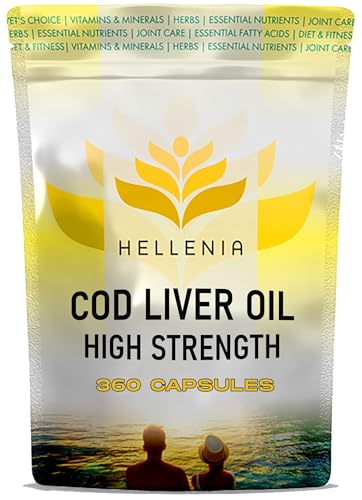 Cod Liver Oil Capsules High Strength 1000mg | 360 Fish Oil Capsules UK Made - 1 Year Supply | Rich Source of Omega 3 Essential Fatty Acids | High EPA DHA | Gluten Free - Made in The UK for Hellenia