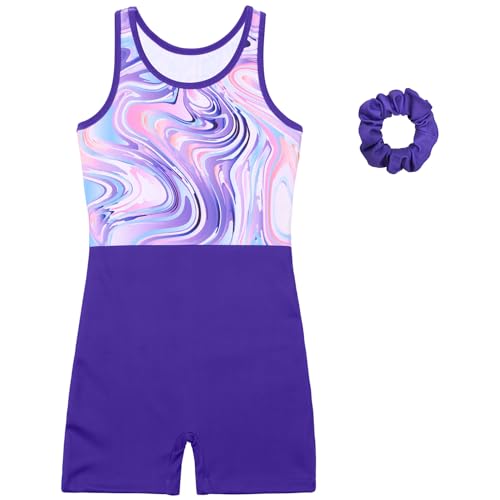 Gymnastics Leotards for Girls With Shorts Biketards Unitards Tumbing Ballet Dance Outfit 4-13Years Purple Joint Marble 4-5T