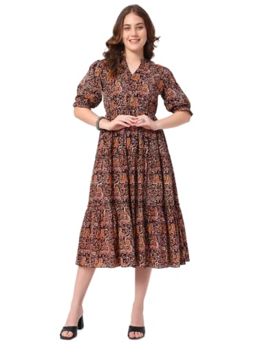 Image of PIDAVLIYA'S Women's Floral Summer Maxi Dress I Cotton Printed I One Piece Bodycon Midi Dress with V-Neck, Puffed Sleeves