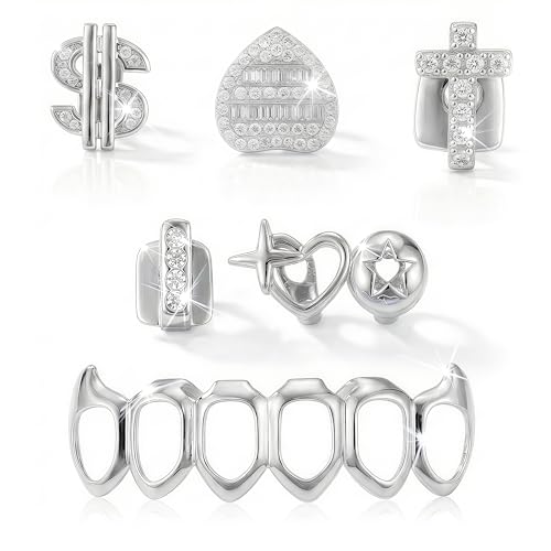 6 Pcs Hip Hop Grillz Set, Open Face Teeth Jewelry for Men & Women, Easy Fit Adjustable Dental Caps with Improved Mold, Secure & Durable Material, Comfortable Wear for Costume, Theme Parties & Gifts(Silver)