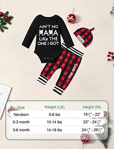 Agapeng Baby Boy Clothes 0-3 Months Christmas Baby Boy Outfits Infant Letter Print Romper Red Black Plaid Pants Hat Baby Boy Christmas Clothes Baby Boy Gifts #TOP6
