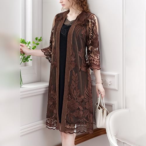 Image of FindThy Women's Floral Lace Embroidery Cardigan 3 /4 Sleeve Sheer Mid-Long Coat Kimono Coverups
