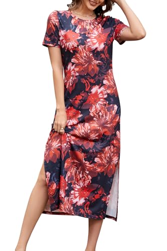 Image of Naggoo Summer Dresses for Women Short Sleeve Side Slit Long T Shirt Dress Beach Sundress Travel Vacation Outfits with Pockets