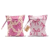 2Pcs Pink Bow Wet Bags 12x10 Inch, Heart Waterproof Travel Laundry Bags, Washable Reusable Wet Dry Bag for Swimsuit Pool Beach Diapers Dirty Yoga Gym Clothes, Pink Gifts for Women Friend Travelers