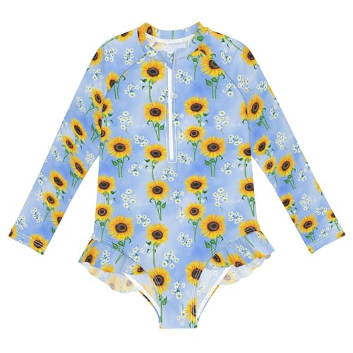 Sunflower Flower Girls Long Sleeve Rashguard Swimsuit UV Protection One-Piece Swimwear Bathing Suit B0404513