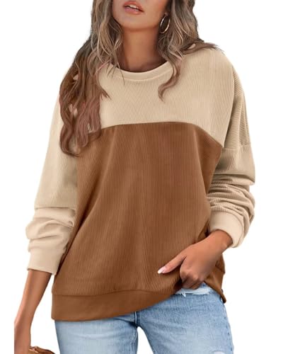 KISSMODA Women's Casual Long Sleeve Sweatshirt Color Block/Solid Crewneck Corduroy Pullover Cute Tops