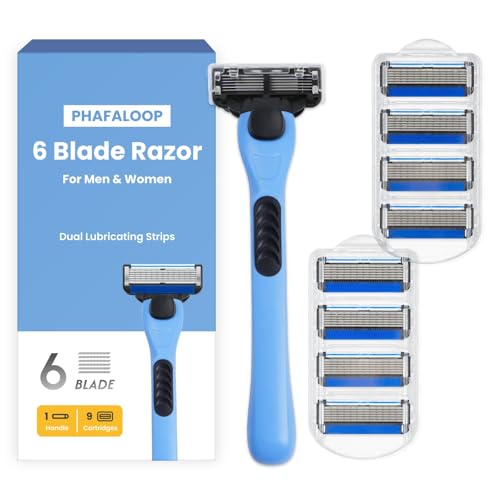 Phafaloop 6-Blade Mens Razor with Dual Lubrication Shaving Kit for Men 10 Piece Set 1 Handle & 9 Refill Cartridges Smooth Comfortable Shave (Blue)