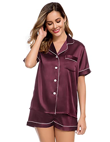 Image of LecGee Womens Silk Satin Pajamas Set Short Sleeve Sleepwear Button Down Nightwear Soft Pj Lounge Sets