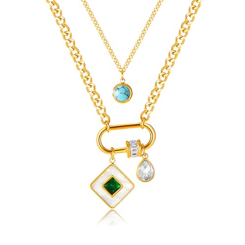 HETICA Gold Mother of Pearl Pendant Women Necklace, Double Layers Turquoise Cubic Zirconia Necklace Stainless Steel Delicate Fashionable Collar Chain Gift