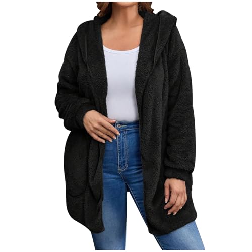 Cardigan for Women Sherpa Fuzzy Fleece Warm Hooded Open Front Long Hoodie Jacket Lightweight Casual Winter Jackets (Black,Large)