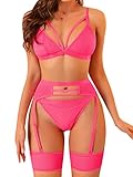 Popiv Women Sexy Lingerie Strappy Lace Garter Lingerie Sets High Waisted Sheer Mesh Lingerie Pink