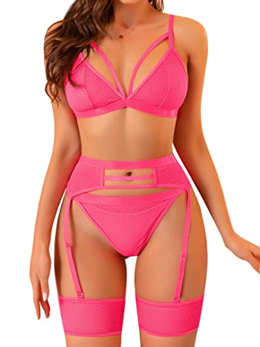 Women's 4 Pieces Exotic Lingerie Set Strappy Fishnet Lingerie Lace Bra and Panty Sets High Waisted Mesh Underwear Pink