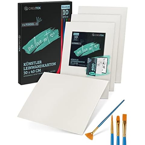 CreaTek - 10er Pack Malkarton 30x40cm [ inkl. 5 Std. Acryl Video Kurs ] malfertig grundiert +400 Malvorlagen & 4 Pinsel | aus100% Baumwolle | Leinwand 30 x 40 | Premium Malpappe, Canvas painting Cover