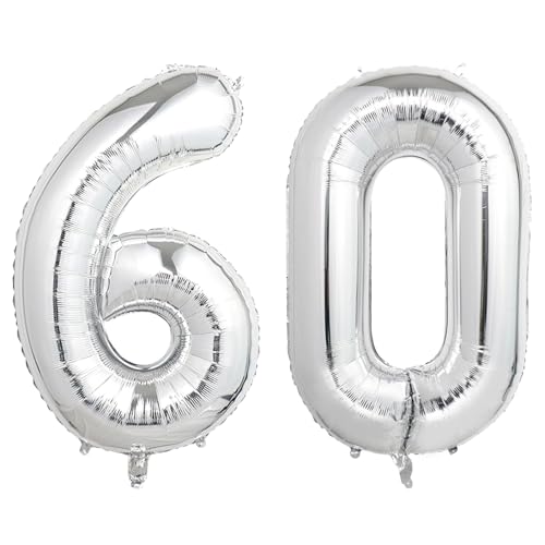 Image of Number Balloons Silver Party Balloon - Giant Number 60 Balloon, 40 Inch Large Balloon for 60th Birthday Decorations, Silver Party Supplies for Anniversary
