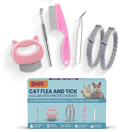 BKRMART Cat Flea Collar 2 Pack 8-Month Protection, All Natural Flea Collar for Cats, Includes Flea Comb, Shell Comb, Tick Tweezers & Tick Removal Tool 5-in-1 Cat Flea Protection Kit