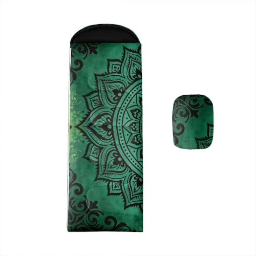Erosebridal Deep Green Mandala Sleeping Bag Twin Boho Grunge Floral Camping Sleeping Bag with Compression Sack Kids Adults Ornate Ethnic Geometric Camping Quilt Distressed Bohemian Art Backpack Quilt