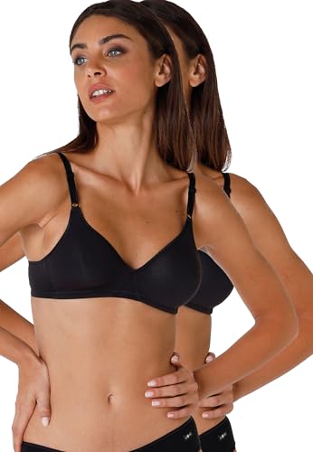 LOVABLE Sujetador sin Relleno ni Aros, algodón elástico, Tirantes con Ajuste Frontal, Paquete de 2, Cotton Line para Mujer, Negro, 42 / 7C
