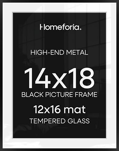 Image of Homeforia 14x18 Picture Frame Black, High End Metal 14x18 Poster Frames with Mat 12x16 for Photo, 14 x 18 Black Frame Matted to 12 x 16 inch Print, 18x14 Thin Frame, Tempered Glass, Wall Kit, Set of 1