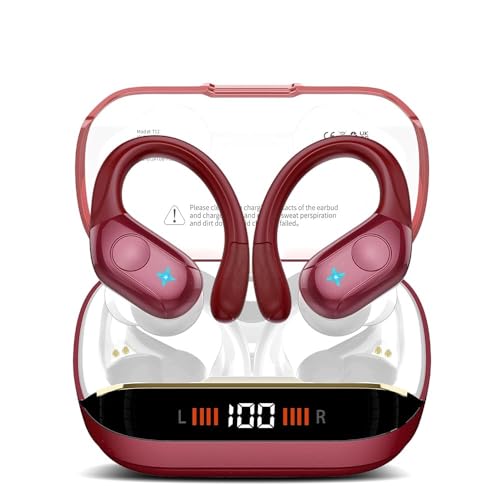 Image of Qecnato Bluetooth Headphones Over Ear Buds with Earhooks LED Display Bluetooth Earbuds IP7 Waterproof Earphone for Running Maroon