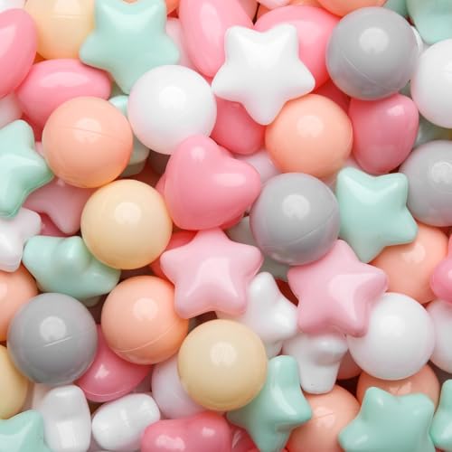 GOGOSO Ball Pit Balls,Plastics Balls for Ball Pit, Stars Hearts Shape for PastelBall for Toddlers Kids，6 Mix Colors,50pcs
